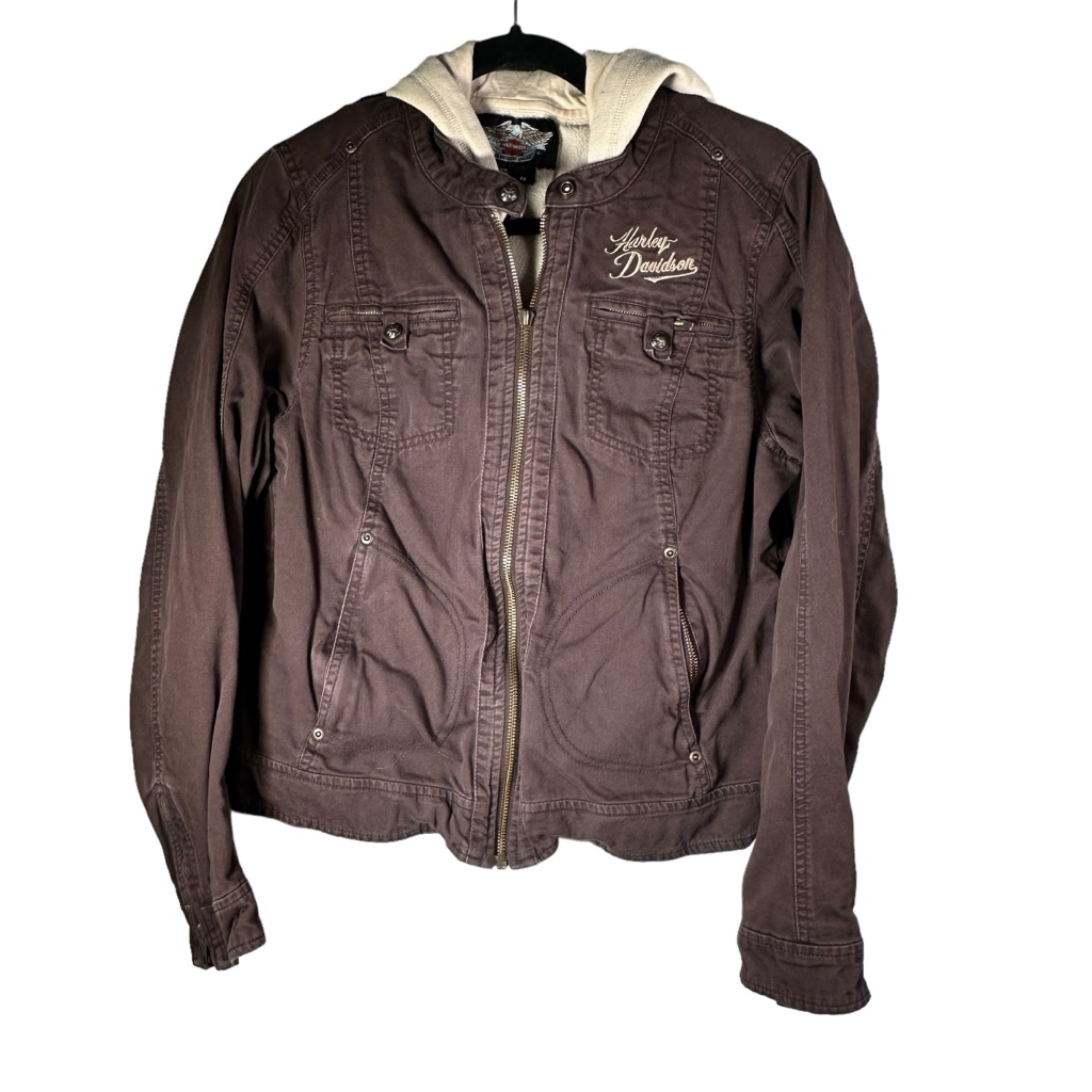 Harley Davidson Women’s Brown Embroidered Jacket With Hoodie Imperfect Medium
